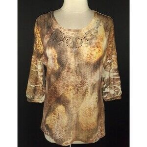 Chico's Women's top Brown Beige Gold Sparkles 3/4 sleeve Sz 1 (M/8) EUC